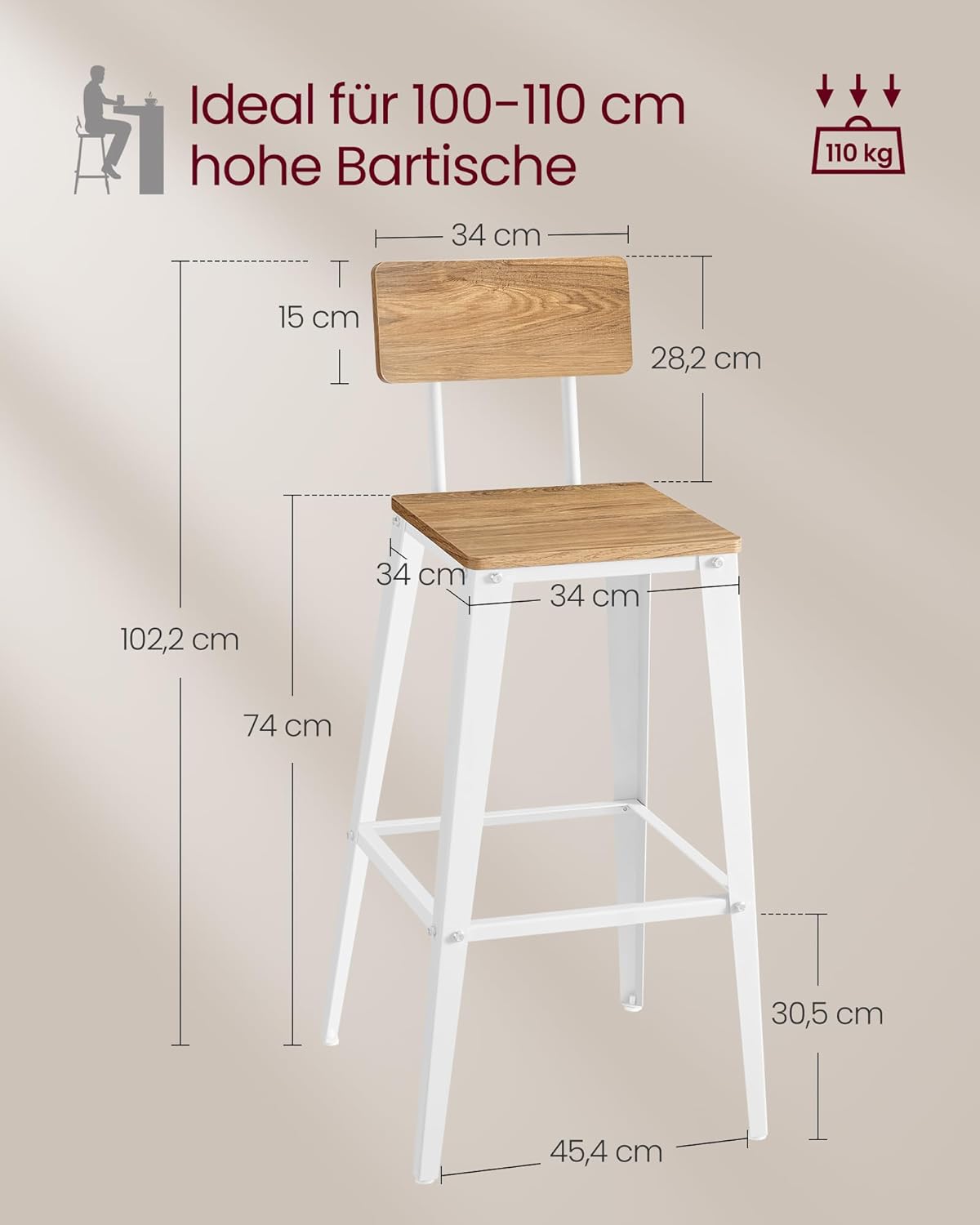 VASAGLE Set of 2 Bar Stools Kitchen Chairs