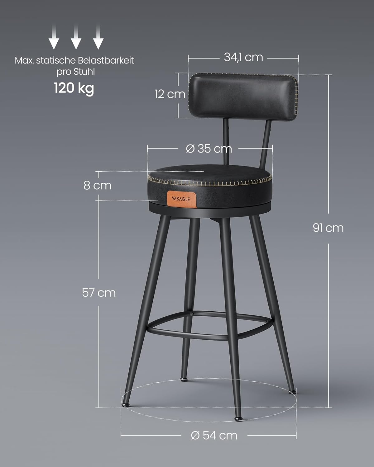VASAGLE Set of 2 360° Swivel Bar Stools