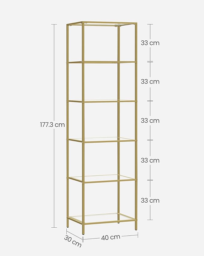 VASAGLE 6 Tier Glass Shelf Bookcase Storage Cabinet