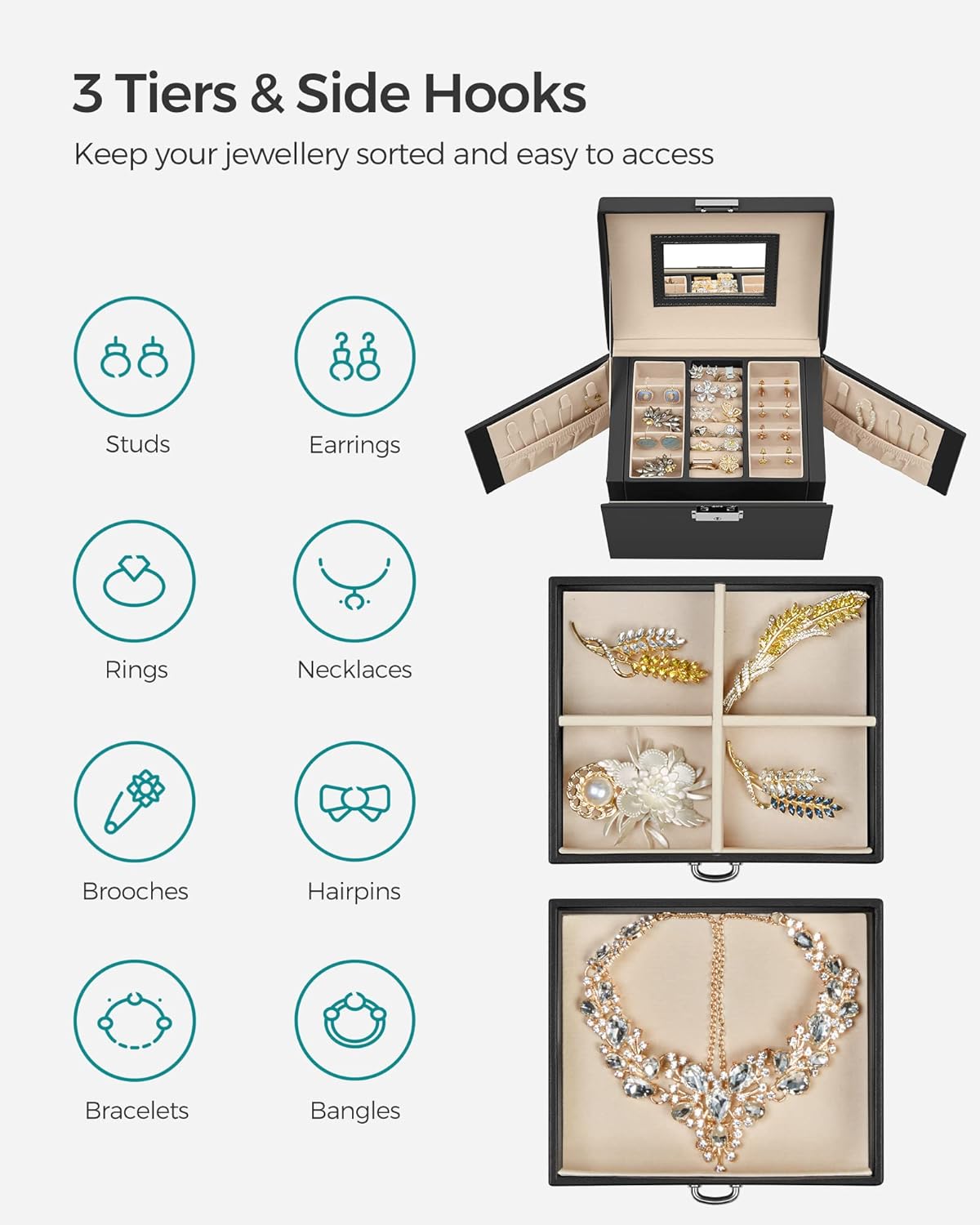SONGMICS 3-Tier Jewellery Box