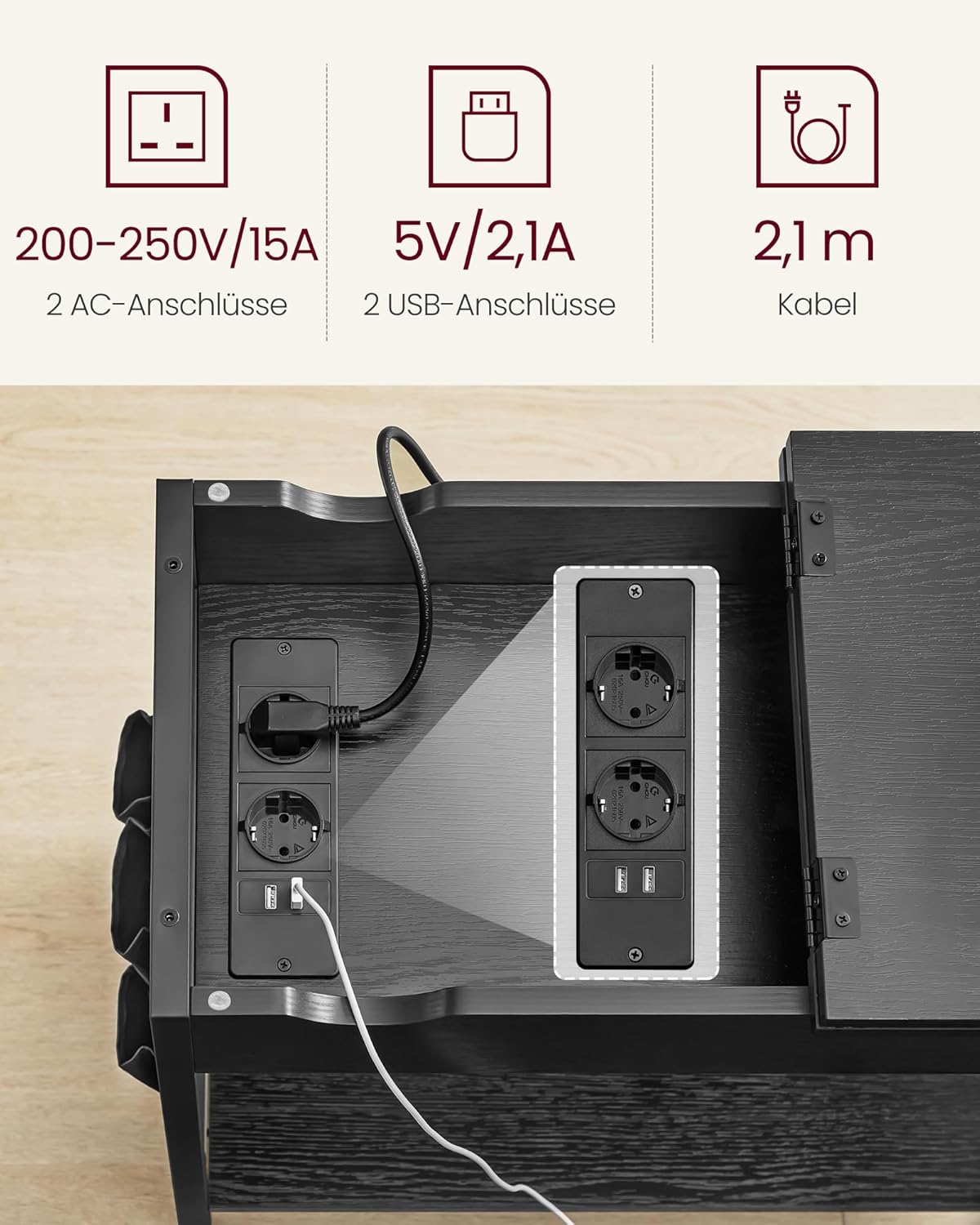 VASAGLE Bedside Table with Socket Slim USB Ports