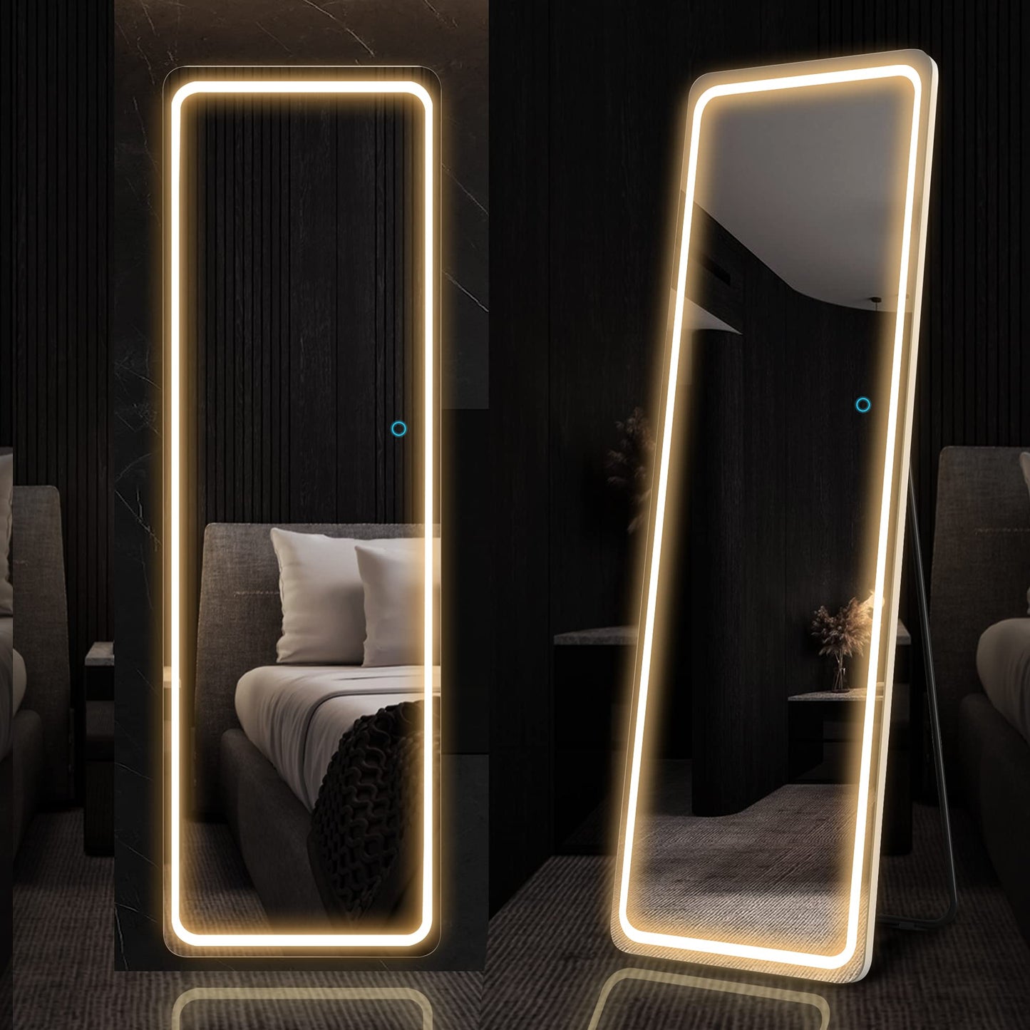 Elegant Full Length Mirror with Lights, Dimmable Touch Switch, Free Standing/Wall Mounted, HD & Explosion-Proof
