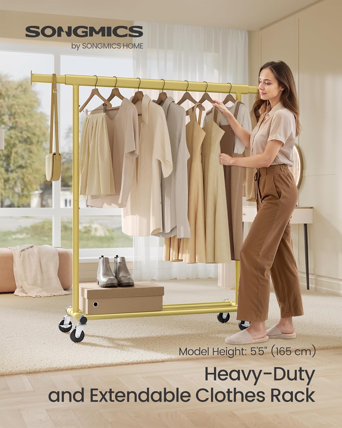 SONGMICS Gold Clothes Rack on Wheels HSR013A01
