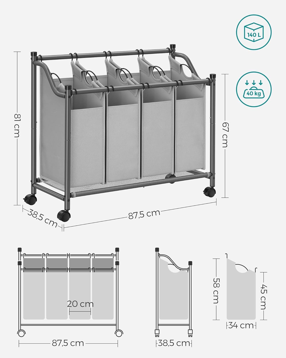 SONGMICS Rolling Laundry Sorter, Laundry Basket