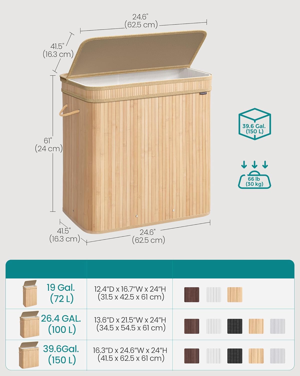 SONGMICS Bamboo Laundry Basket with Lid