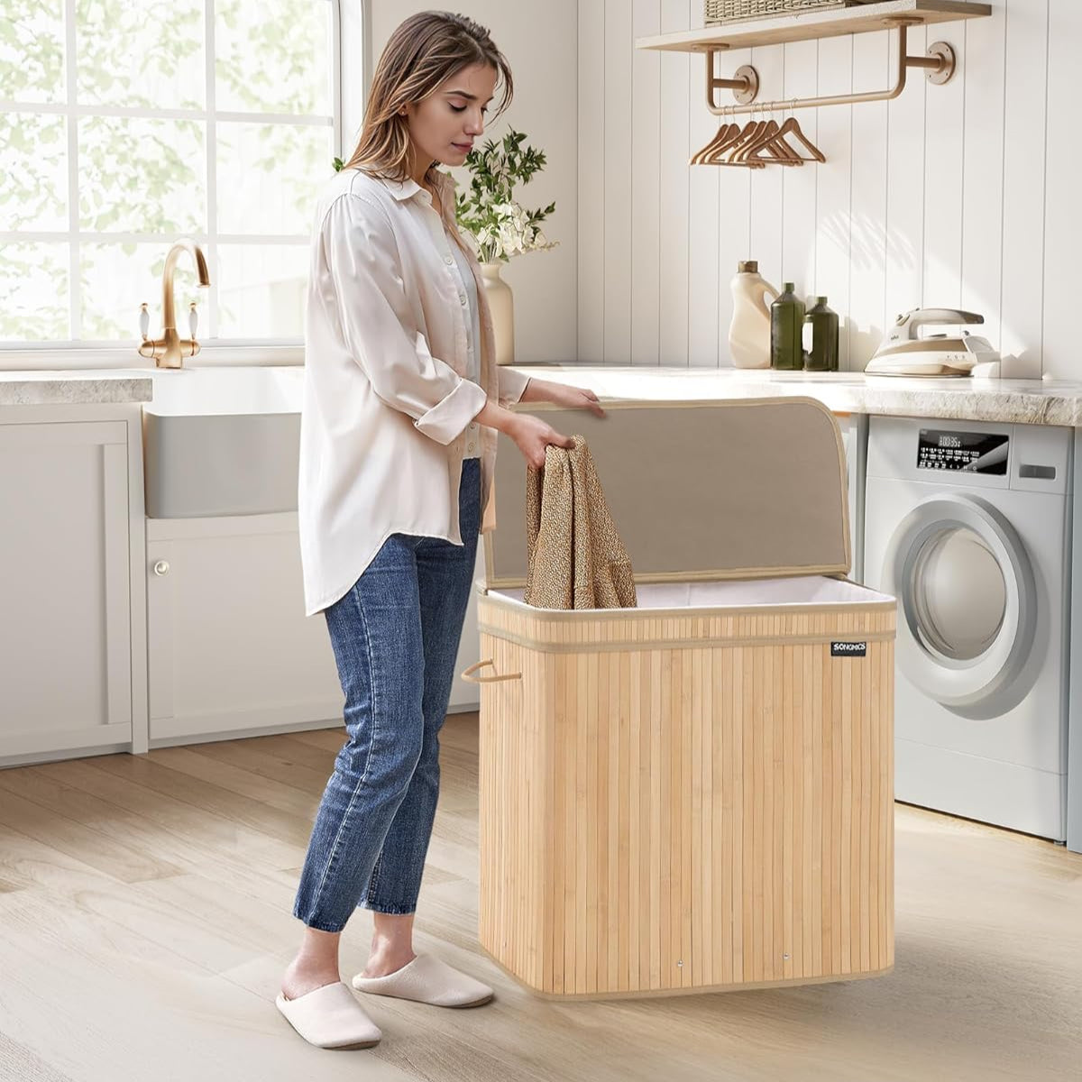 SONGMICS Bamboo Laundry Basket with Lid