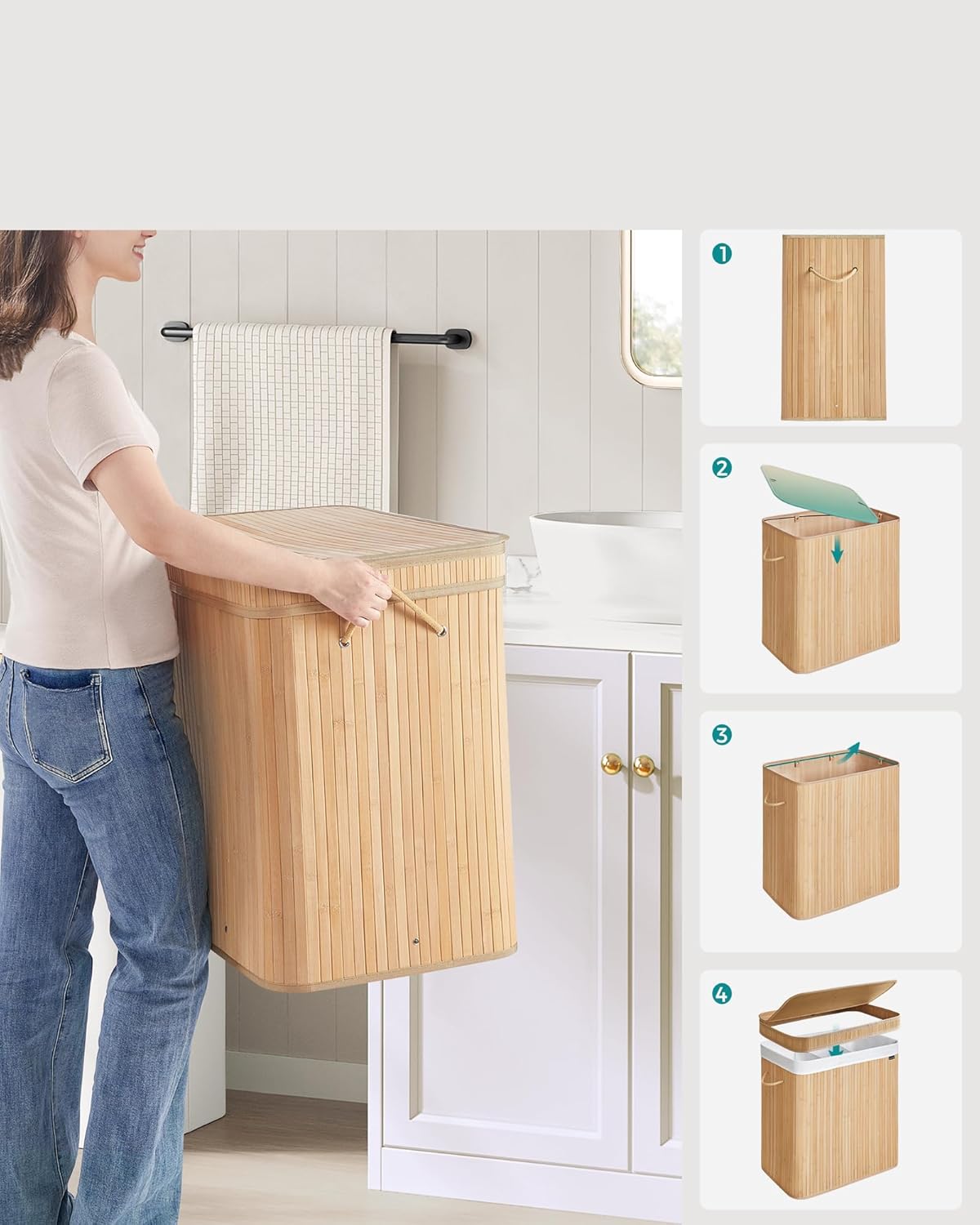 SONGMICS Bamboo Laundry Basket with Lid
