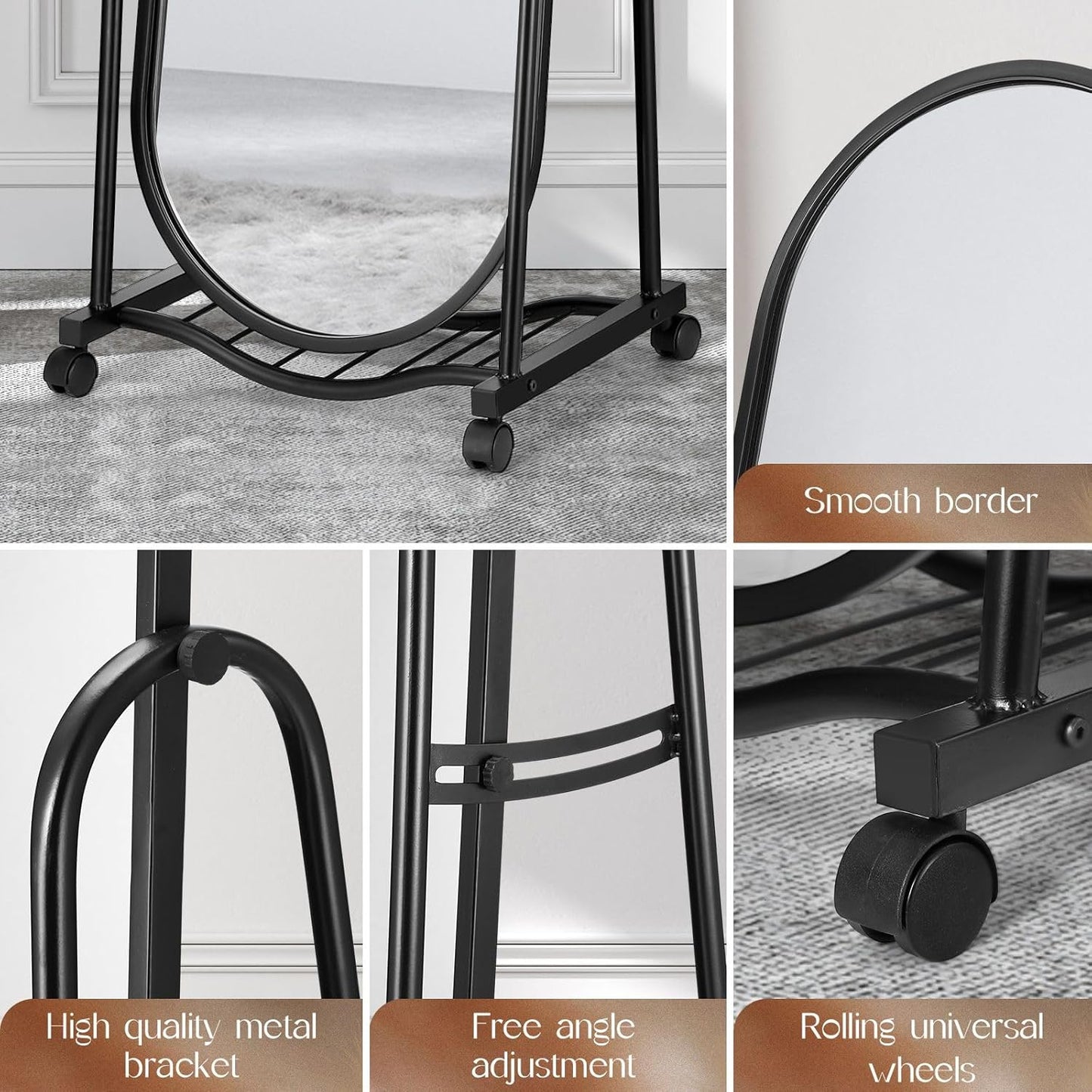 Arch framed Full Length Mirror with Wheels Adjustable Angle