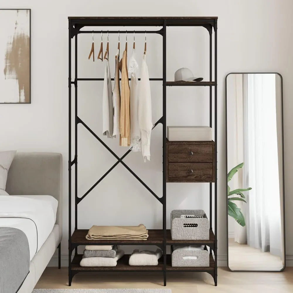 Clothes Rack Brown Oak Engineered Wood, Metal Compact