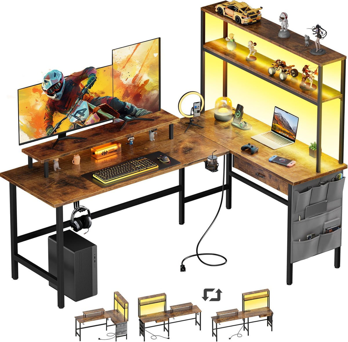 HLDIRECT  L Shaped Gaming Desk with LED Lights & Power 110217