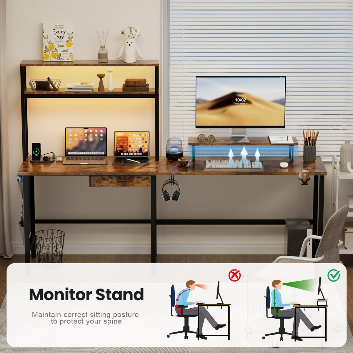HLDIRECT  L Shaped Gaming Desk with LED Lights & Power 110217