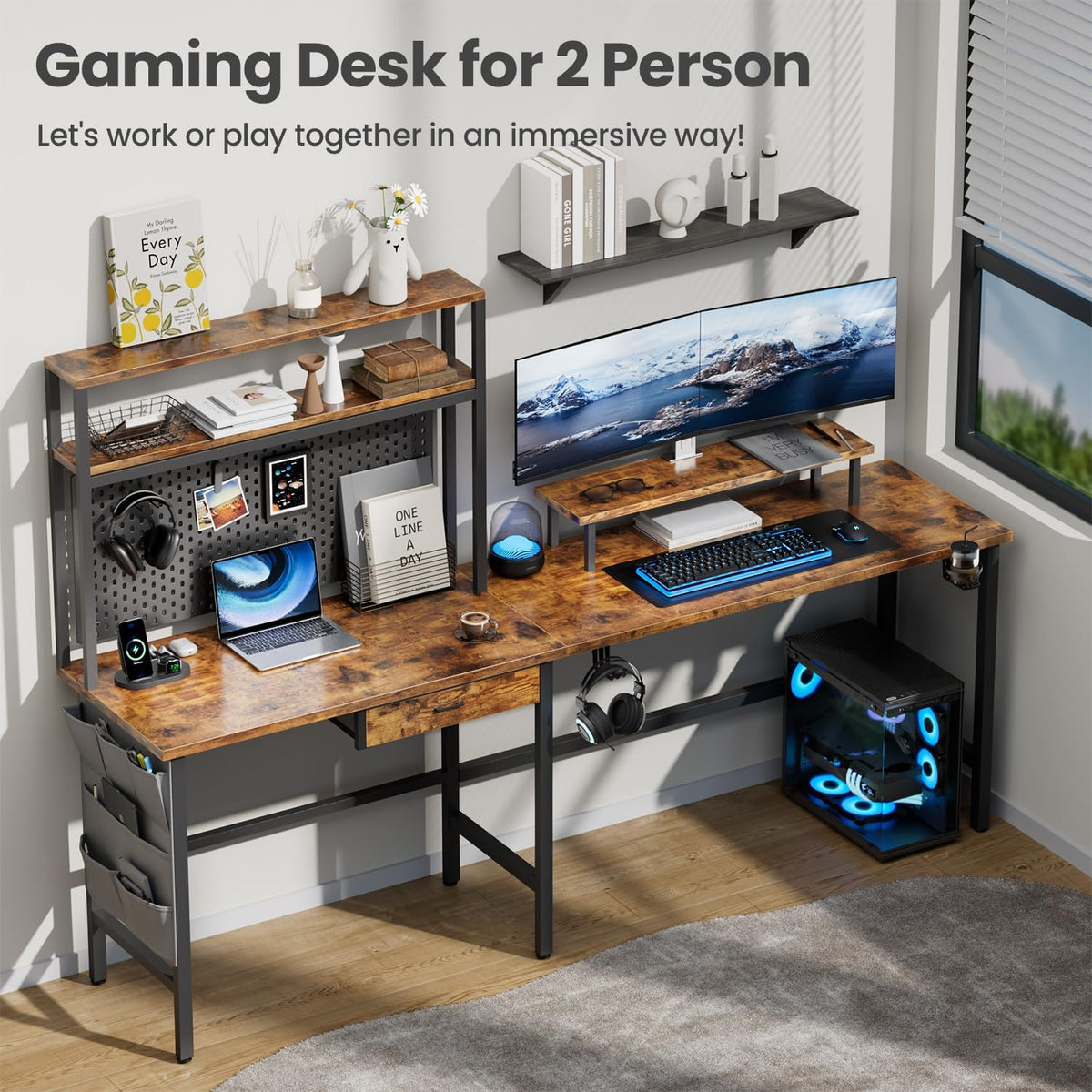 HLDIRECT  L Shaped Gaming Desk with LED Lights & Power 110217