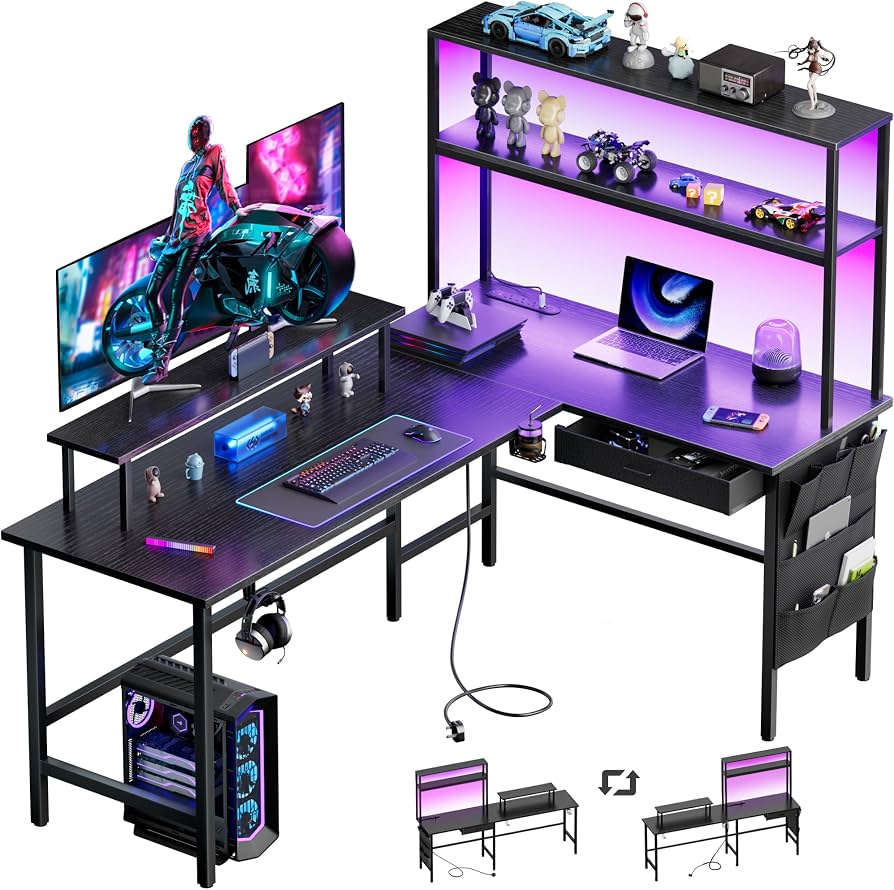 HLDIRECT  L Shaped Gaming Desk with LED Lights & Power 110217