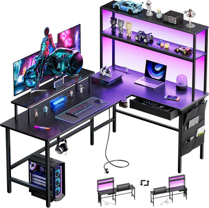 HLDIRECT  L Shaped Gaming Desk with LED Lights & Power 110217