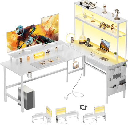 HLDIRECT  L Shaped Gaming Desk with LED Lights & Power 110217