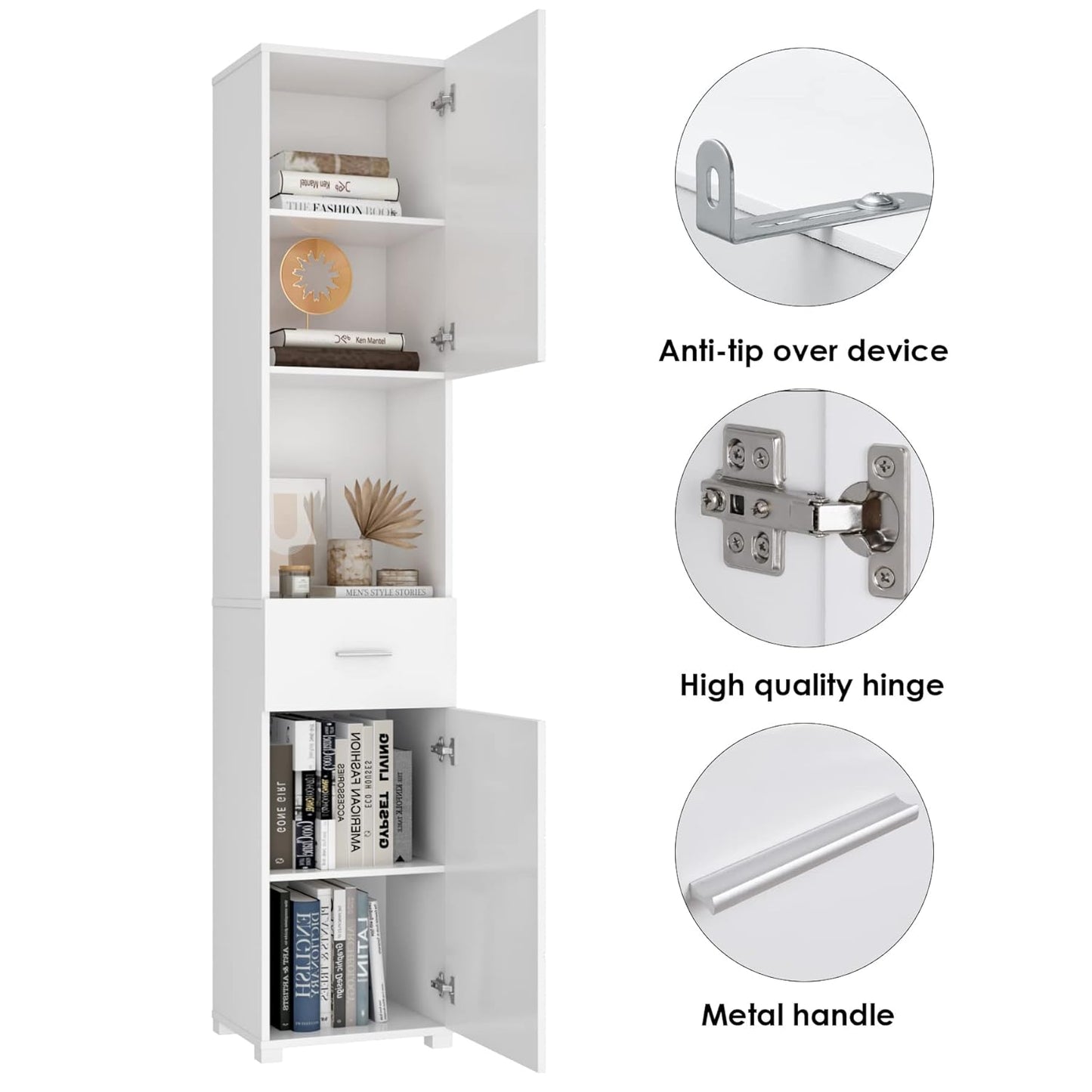 Homfa White Bathroom Storage Cabinet with Doors and Shelves, Modern Wood Style