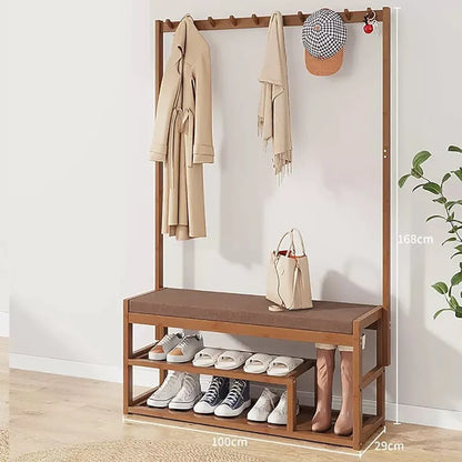 Bamboo Clothes Coat Rack Shoe Bench