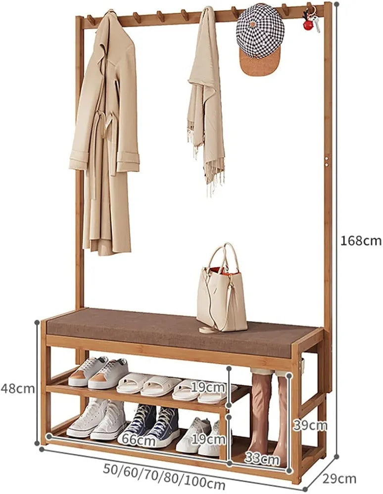 Bamboo Clothes Coat Rack Shoe Bench