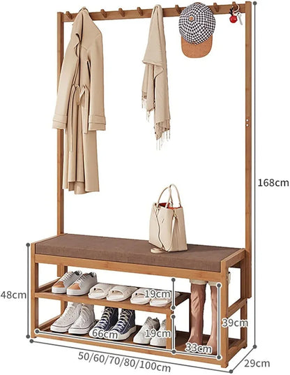 Bamboo Clothes Coat Rack Shoe Bench