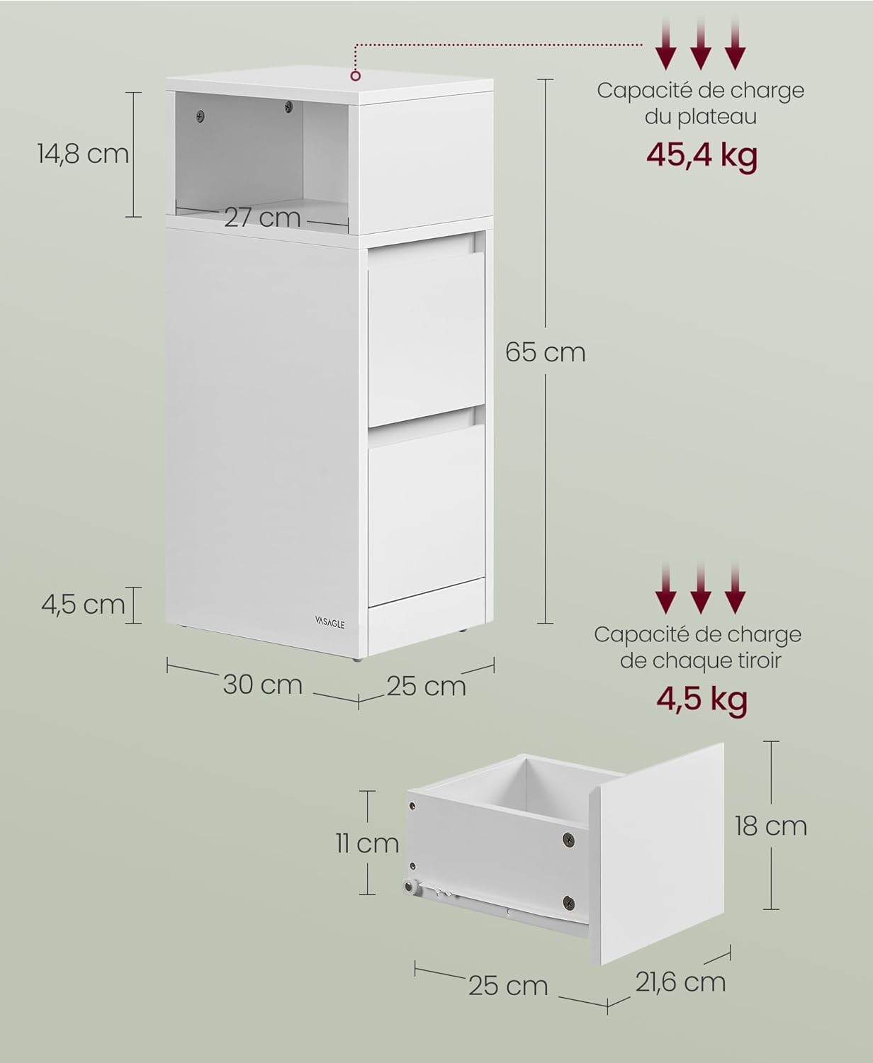 VASAGLE KAILYN Collection - Narrow Bedside Table LET656W01V1