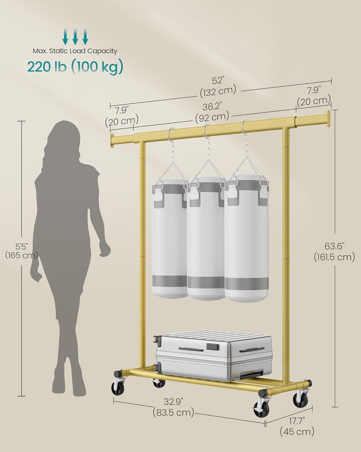 SONGMICS Gold Clothes Rack on Wheels HSR013A01