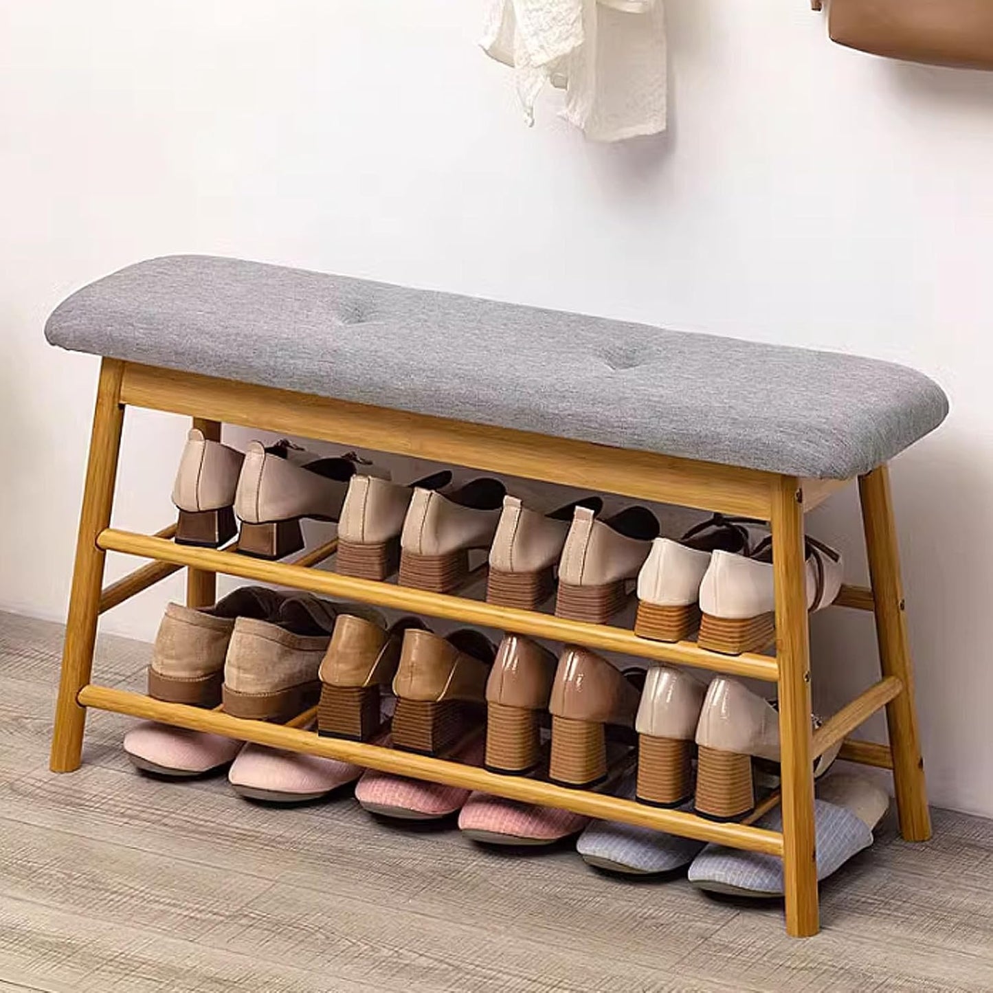 Bamboo 2 Tier Shoe Storage Rack Bench