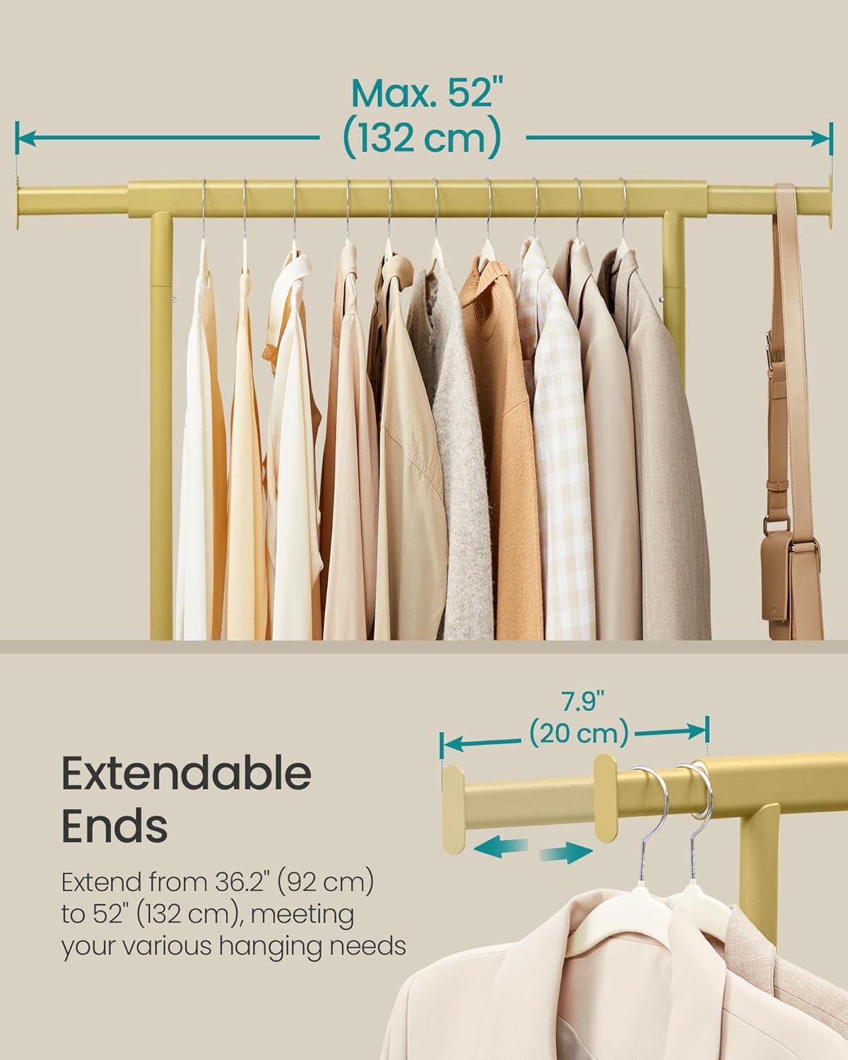 SONGMICS Gold Clothes Rack on Wheels HSR013A01