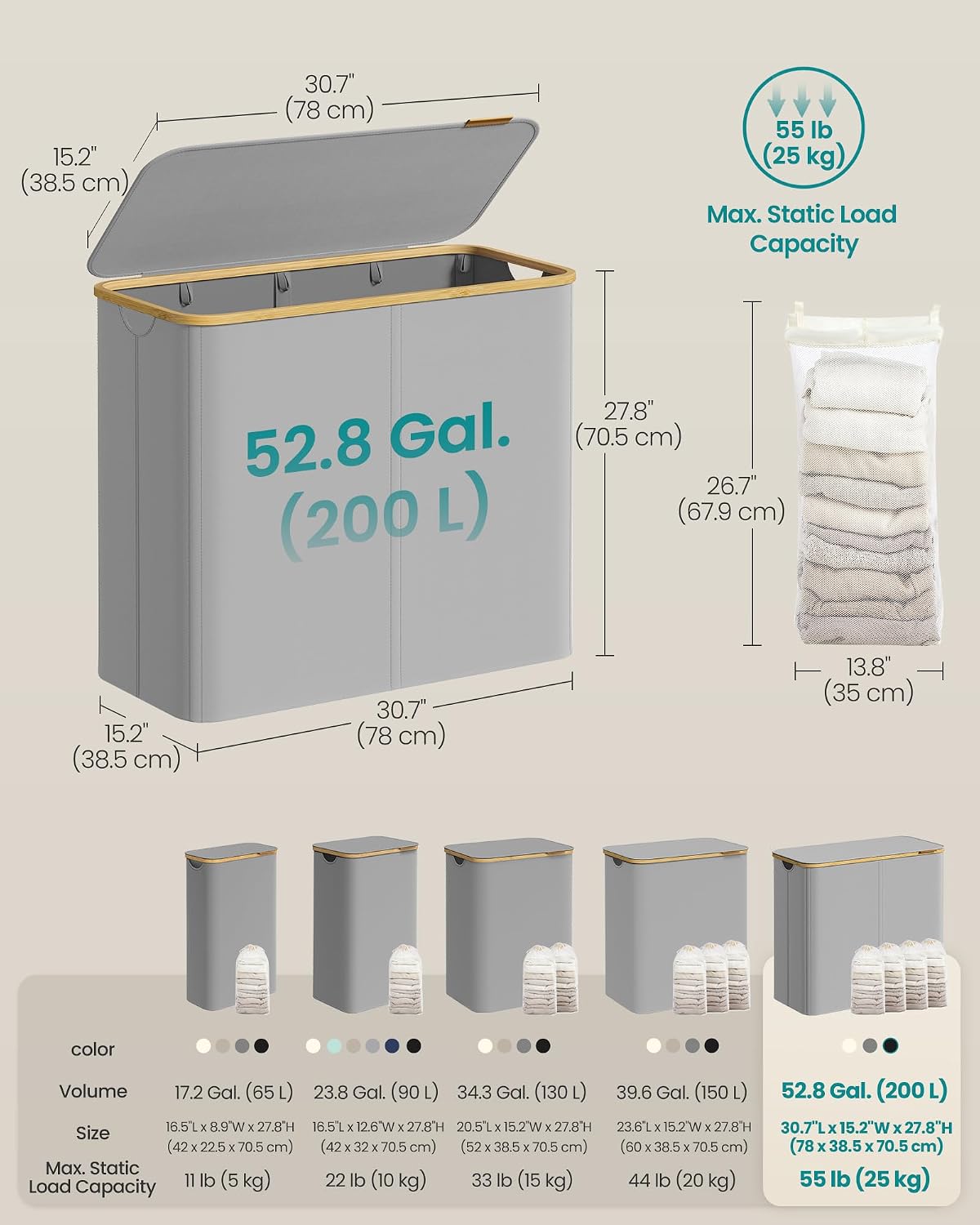 SONGMICS Laundry Basket with Lid LCB514GD01