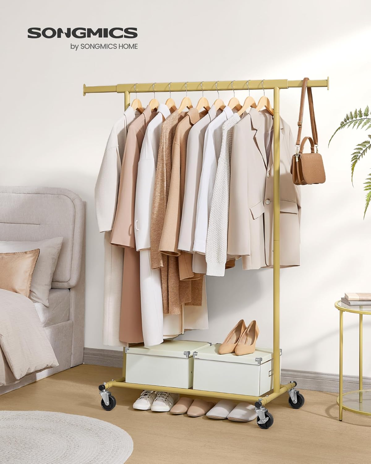 SONGMICS Gold Clothes Rack on Wheels HSR013A01