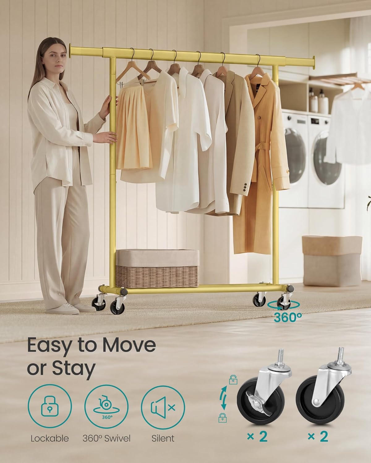 SONGMICS Gold Clothes Rack on Wheels HSR013A01