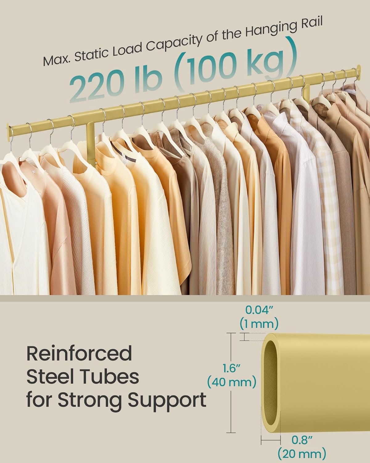 SONGMICS Gold Clothes Rack on Wheels HSR013A01
