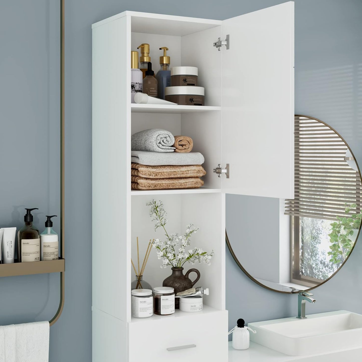 Homfa White Bathroom Storage Cabinet with Doors and Shelves, Modern Wood Style