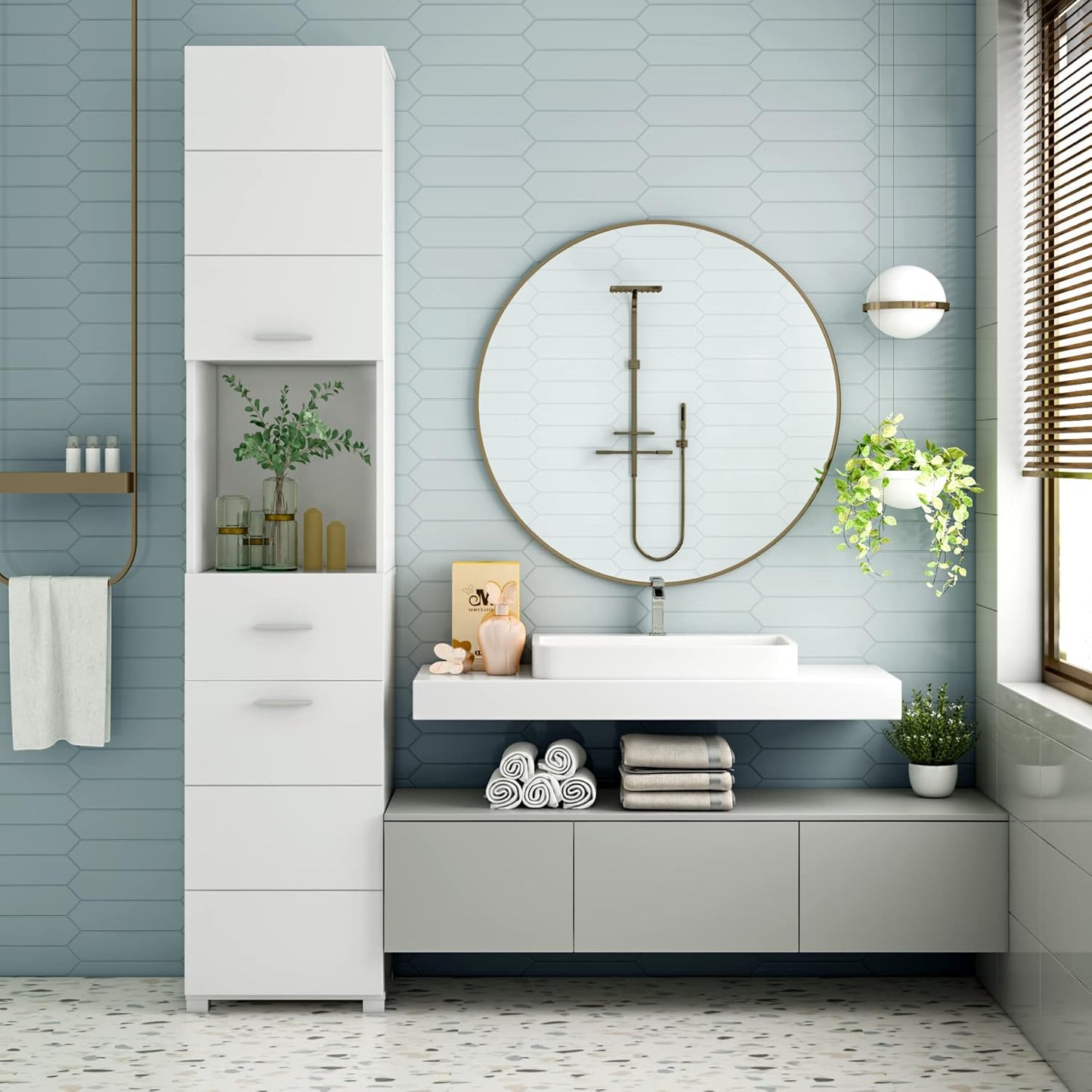 Homfa White Bathroom Storage Cabinet with Doors and Shelves, Modern Wood Style