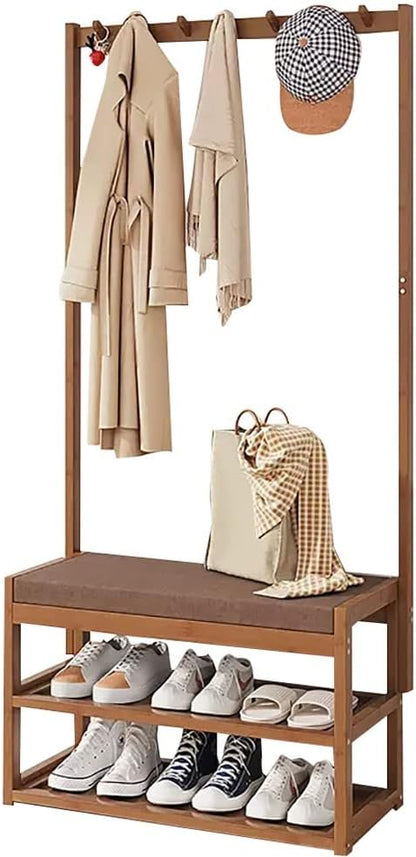 Bamboo Clothes Coat Rack Shoe Bench