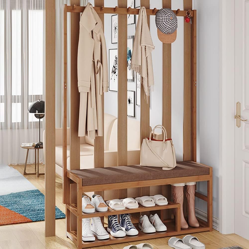 Bamboo Clothes Coat Rack Shoe Bench