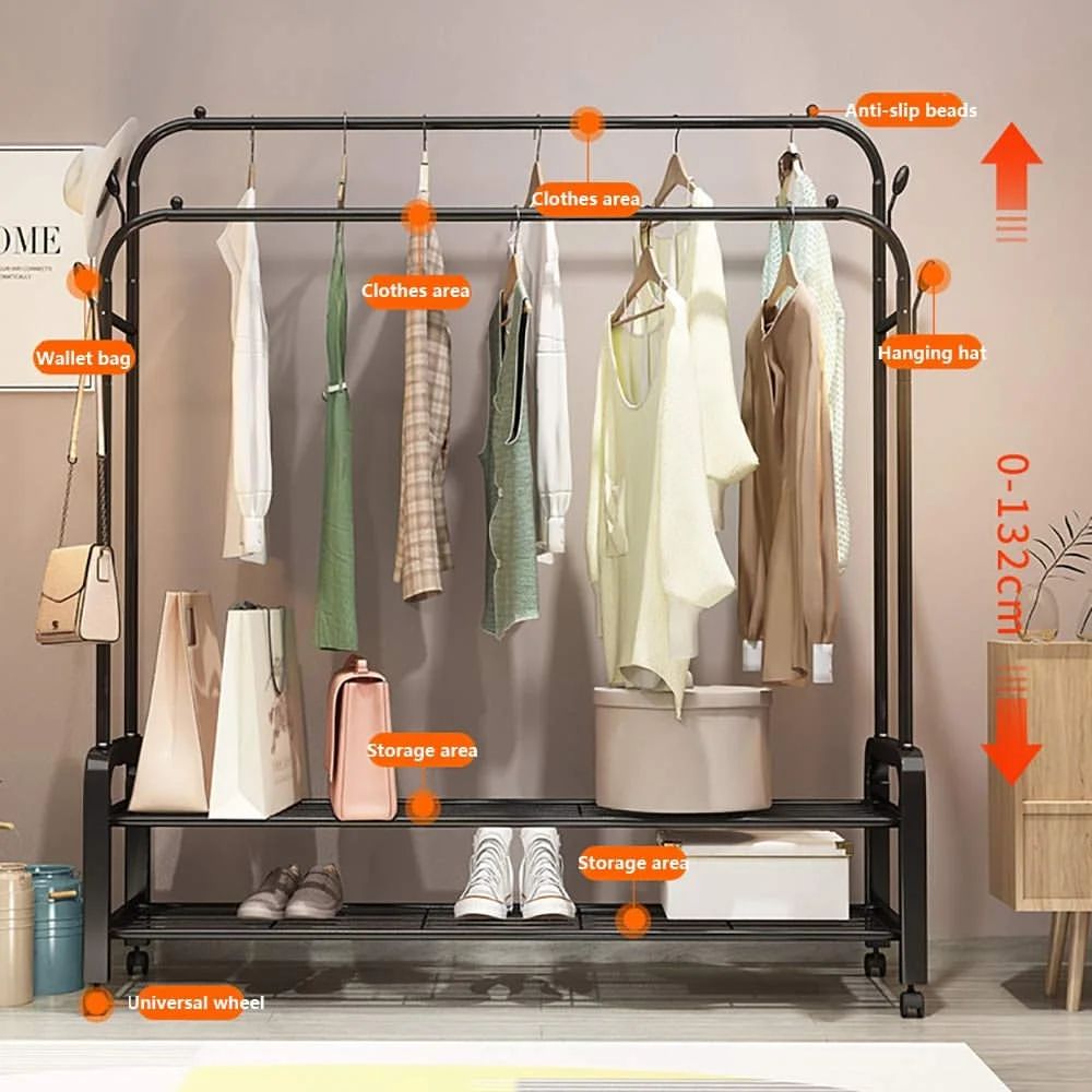 Clothes/Coat Rack on Wheels Double Poles Freestanding  Hanger Heavy Duty  with Top Rod and 2 Tier Lower Storage Shelf