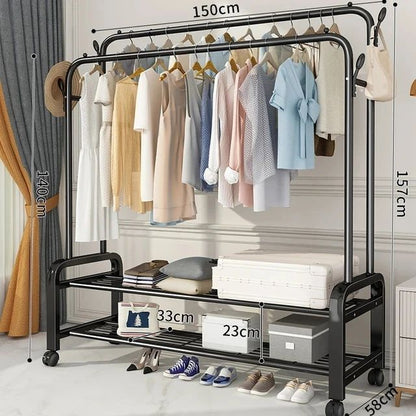 Clothes/Coat Rack on Wheels Double Poles Freestanding  Hanger Heavy Duty  with Top Rod and 2 Tier Lower Storage Shelf