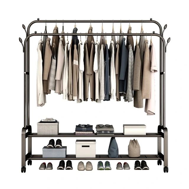 Clothes/Coat Rack on Wheels Double Poles Freestanding  Hanger Heavy Duty  with Top Rod and 2 Tier Lower Storage Shelf