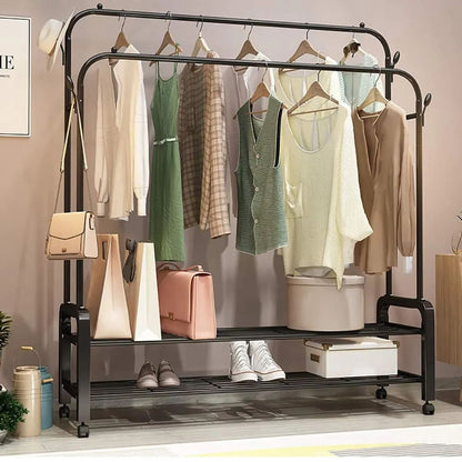 Clothes/Coat Rack on Wheels Double Poles Freestanding  Hanger Heavy Duty  with Top Rod and 2 Tier Lower Storage Shelf