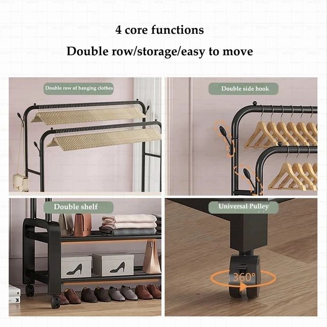 Clothes/Coat Rack on Wheels Double Poles Freestanding  Hanger Heavy Duty  with Top Rod and 2 Tier Lower Storage Shelf