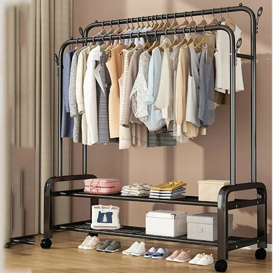 Clothes/Coat Rack on Wheels Double Poles Freestanding  Hanger Heavy Duty  with Top Rod and 2 Tier Lower Storage Shelf