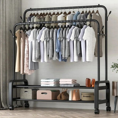 Clothes/Coat Rack on Wheels Double Poles Freestanding  Hanger Heavy Duty  with Top Rod and 2 Tier Lower Storage Shelf