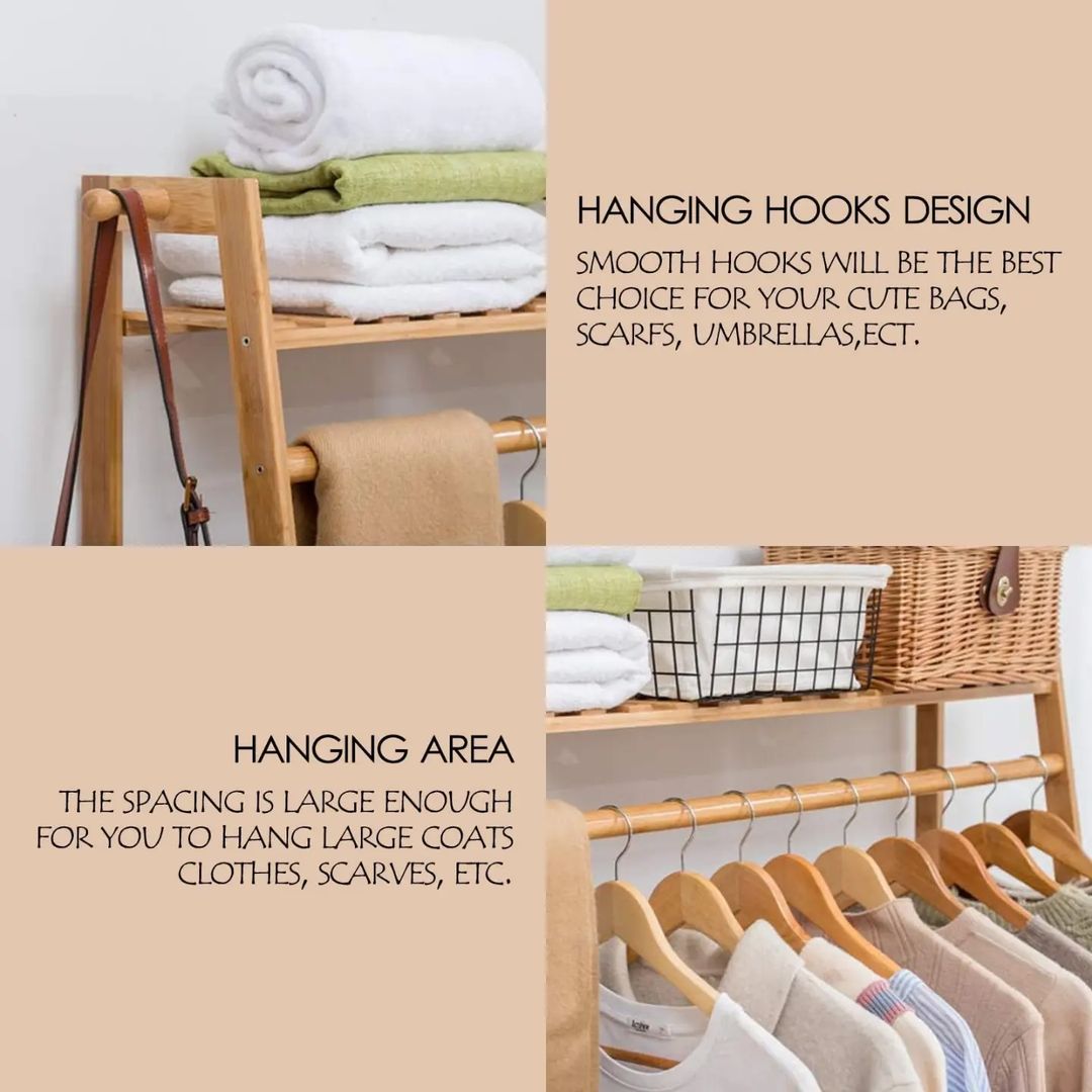 Natural Wood Bamboo Trapezoid Storage Shelves Clothes Hanging Rack