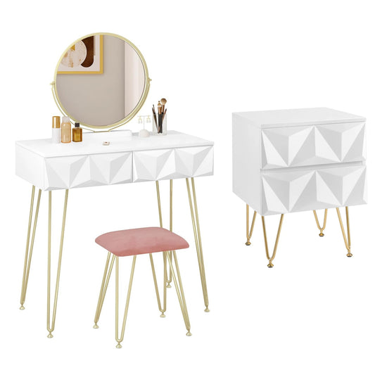 White Table Vanity Makeup Desk Set w/ Round Mirror Stool Drawer Bedroom