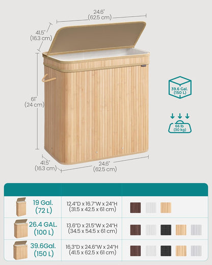 SONGMICS Bamboo Laundry Basket with Lid