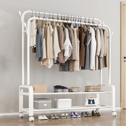 Clothes/Coat Rack on Wheels Double Poles Freestanding  Hanger Heavy Duty  with Top Rod and 2 Tier Lower Storage Shelf