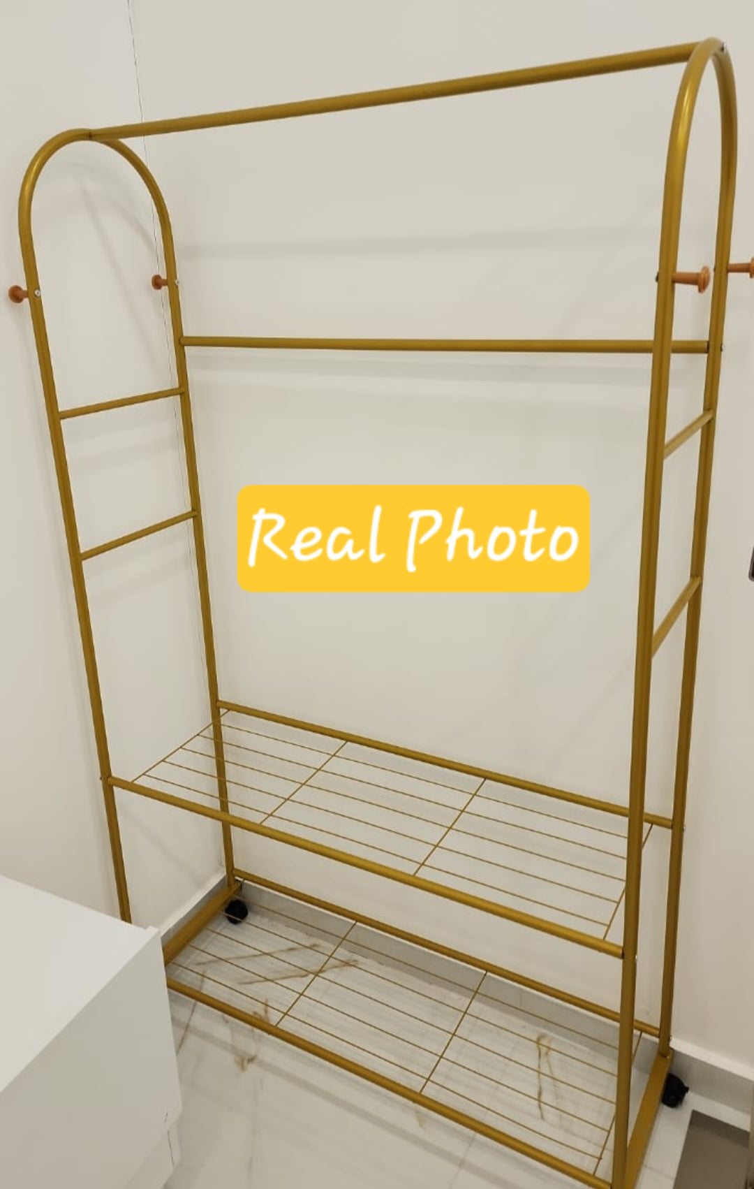 Golden Clothes Rack On Wheels with rail and 2 shelves