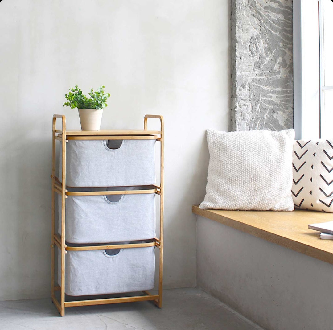 Bamboo White Laundry Basket and Shelf