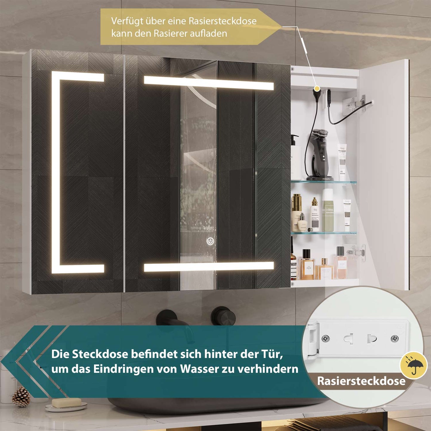 Bathroom Mirror Cabinet with LED Lighting and Socket