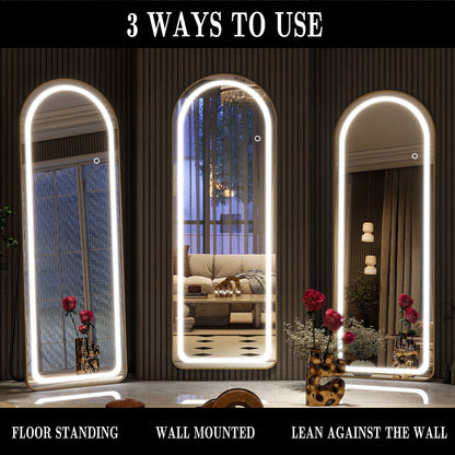 Elegant Arched Full Length Mirror with Lights, Dimmable Touch Switch, Free Standing/Wall Mounted, HD & Explosion-Proof